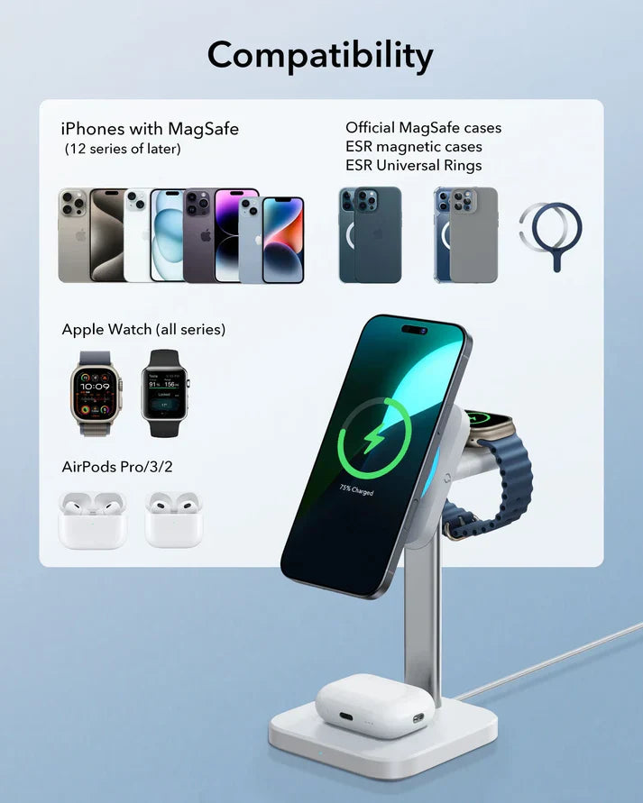 Qi2 3-in-1 Wireless Charging Station with CryoBoost (HaloLock) - White - US Plug