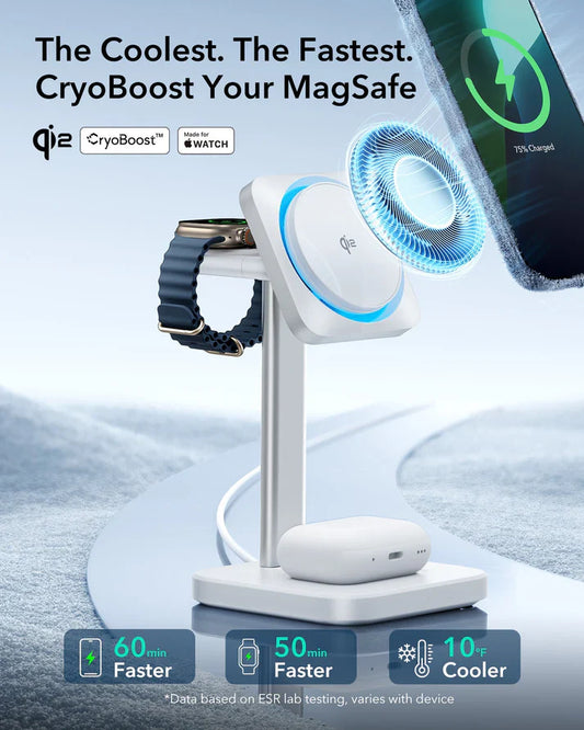 Qi2 3-in-1 Wireless Charging Station with CryoBoost (HaloLock) - Black - US Plug